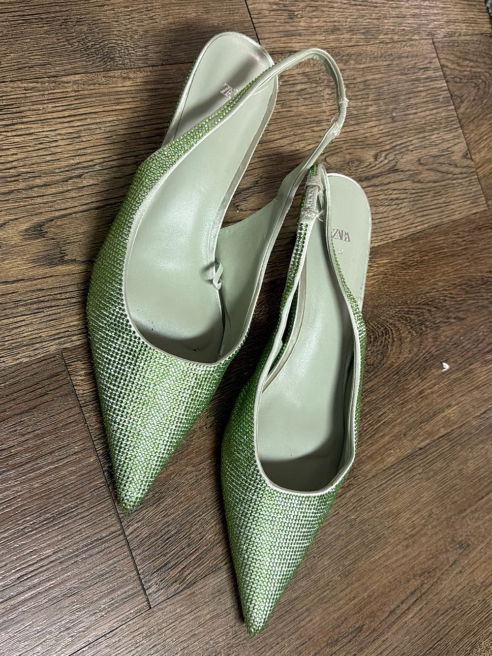 Zara Embellished Light Green Pointed Slingback Heels - Women's Dress Shoes